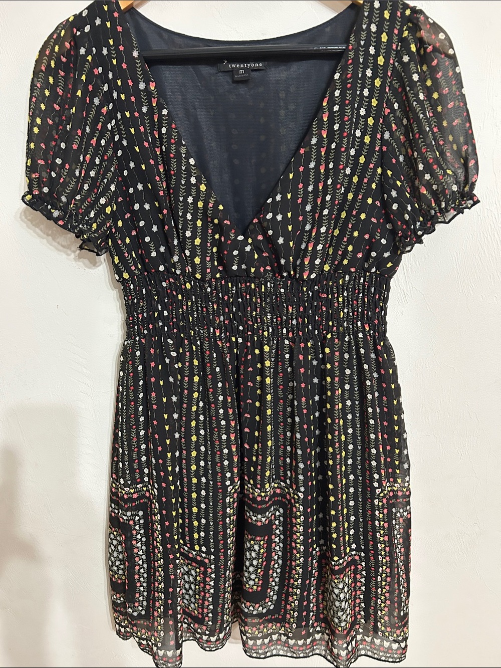 Forever 21 Black Floral Smocked V-Neck Dress with Red, Yellow & White Accents M